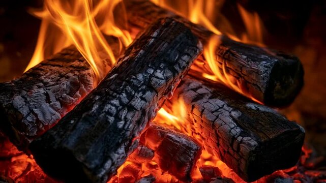 Orange Flames Rising From Glowing Split Firewood Logs