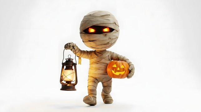 Adorable little mummy character holding a jack o lantern for halloween