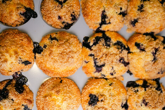 Photograph of Blueberry Muffins in a Pan from Above