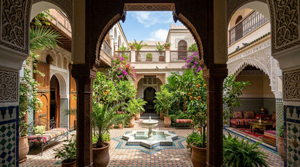 Fototapeta premium Tranquil Moroccan Courtyard Oasis with Fountain and Lush Greenery