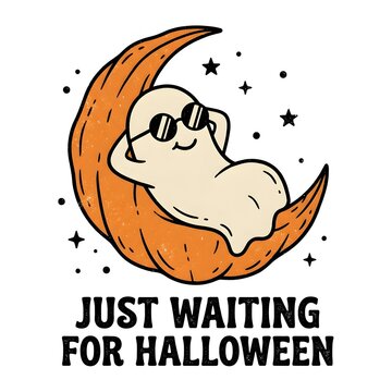 Cute ghost relaxing on crescent moon with sunglasses awaiting halloween