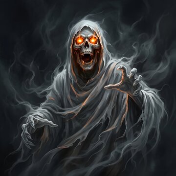 Terrifying hooded figure with glowing eyes and a menacing gesture in darkness