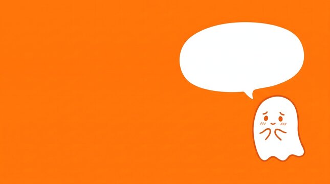 Cute cartoon ghost with blank speech bubble on vibrant orange background