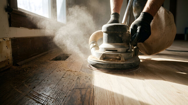 Professional hardwood floor sanding and refinishing | Industrial floor sander smoothing wood surface | Home renovation wood floor restoration process | Close up of floor edger sander with sawdust