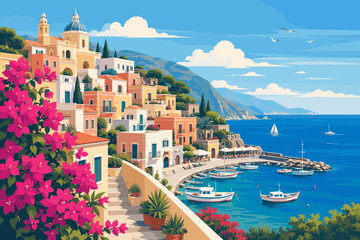 Obraz premium Mediterranean Coastal Village Illustration - Colorful Houses and Harbor