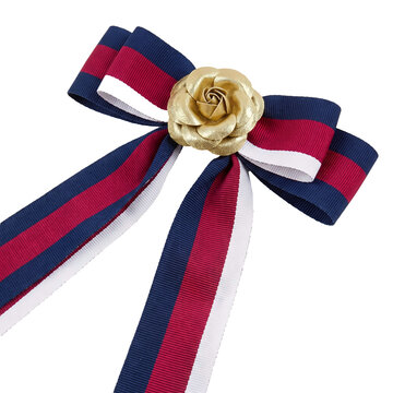 Elegant striped fabric bow brooch featuring a shiny metallic gold rose flower on white background