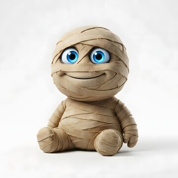 Adorable handmade mummy doll with bright blue eyes sitting on a white background