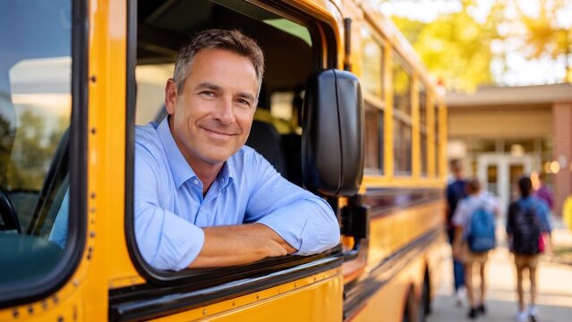 Portrait of a friendly, smiling male school bus driver leaning out the window of a yellow bus. Students arriving at the school building in the blurred background. Back to school and safe student tran,