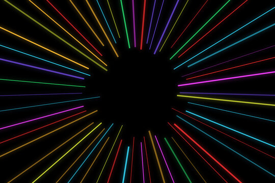 Colorful neon light rays radiating from the center on a black background, creating a vibrant, and energetic starburst, speed line effect