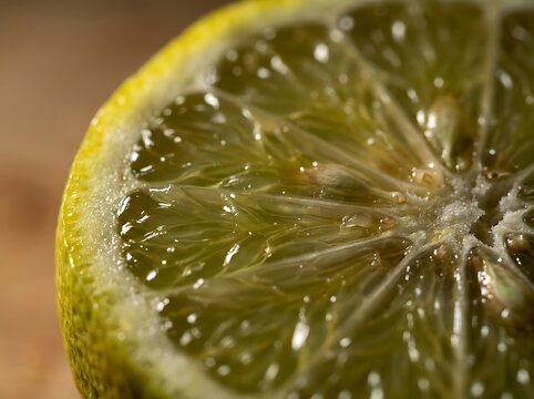 Macro photography of a fresh bergamont fruit sliced in half highlighting its juicy pulp and texture