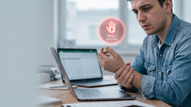 Man with wrist pain touching arm near laptop, RSI warning icon displays, office setting, concept of repetitive strain injury