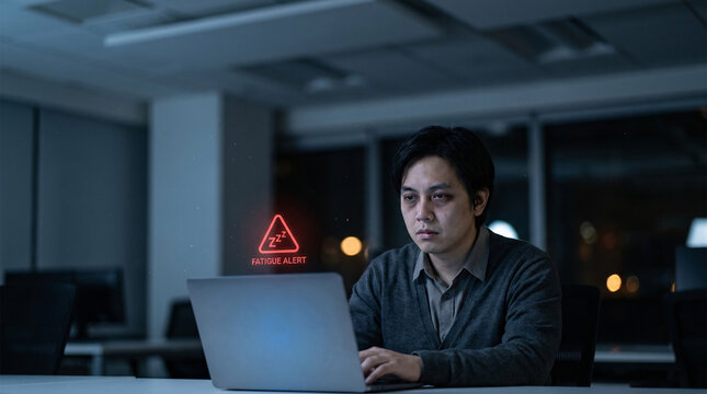 Man working late at night on laptop with digital security warning symbol glowing on screen, cybersecurity concept