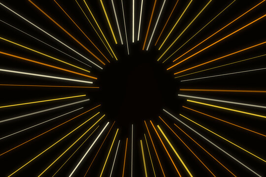 Dark background, with a circular, burst of thin, radiating lines in, gold, orange, and, white colors creating, a dynamic speed, or motion effect