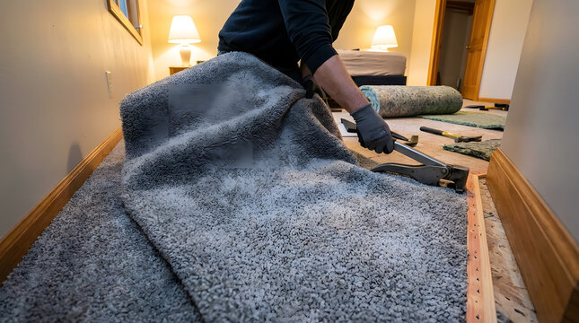 Professional carpet installation services | Installing plush gray wall to wall carpeting | Home renovation flooring replacement project