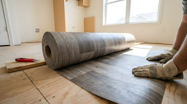 Installing vinyl sheet flooring in kitchen | Professional home renovation flooring project | Wood grain pattern vinyl roll installation | DIY floor remodel with waterproof vinyl