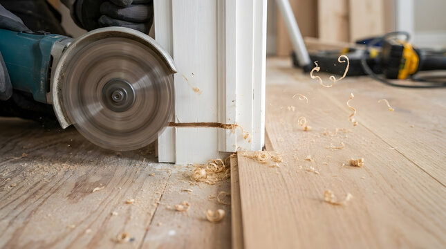 Professional door jamb trimming for flooring | Power tool cutting door casing for hardwood installation | DIY home renovation undercutting door frames | Precision jamb saw for floor fitting