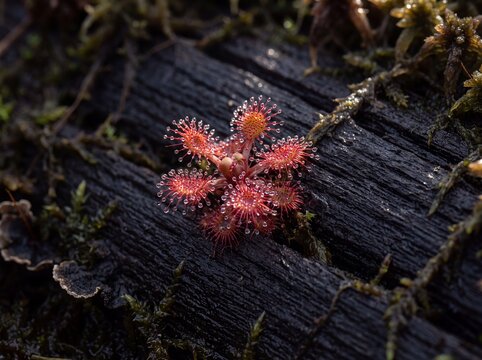 Macro view of a vibrant red sundew plant with dew drops on a mossy log