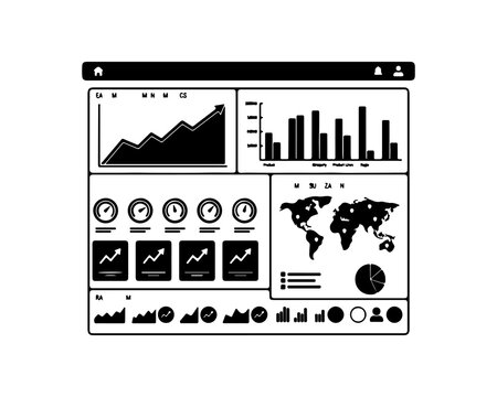 Black and white business dashboard with charts and data