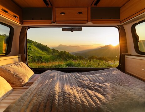 empty bed inside a cozy camper van bathed in golden light from a stunning sunrise over distant mountains and green hills