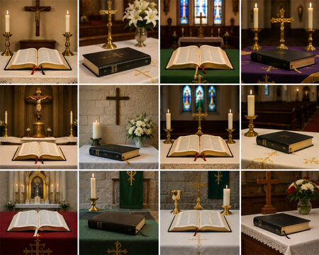 Collection of church altar scenes with open holy books crosses candles flowers and stained glass creating reverent worship settings for faith prayer scripture and christian religious themes