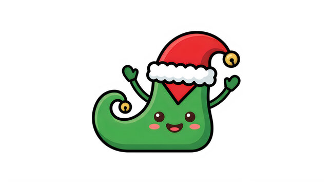 Cute green elf character wearing a red and white santa hat waving cheerfully