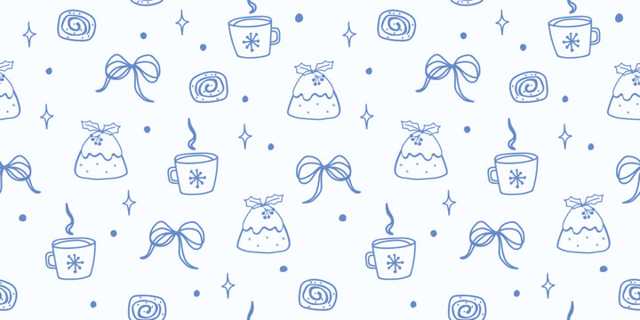 Cozy winter seamless pattern with hot chocolate mug christmas pudding and bow doodle line art