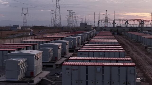 Aerial View of Utility-Scale Solar Farm with Battery Energy Storage System in Arid Desert
