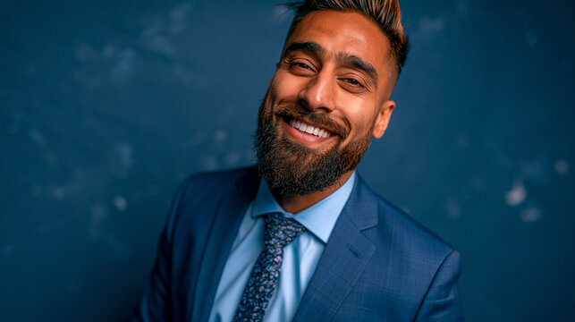 Professional portrait of a handsome bearded man wearing a blue suit and tie