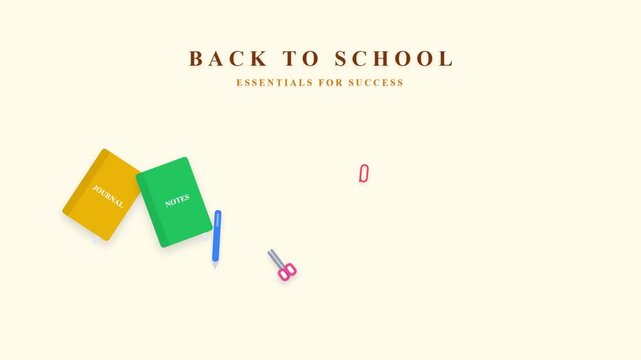 Back to school essentials featuring colorful stationery and notebooks animation