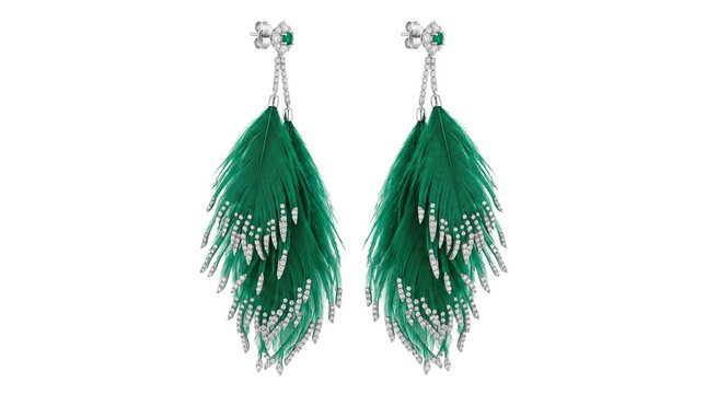 Elegant emerald green feather earrings, luxurious dangle jewelry, sparkling silver accents, fashionable accessory for special occasions isolated PNG with Transparent Background
