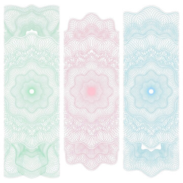 Guilloche patterns feature intricate complex lines with soft green pink and blue colors on white backgrounds