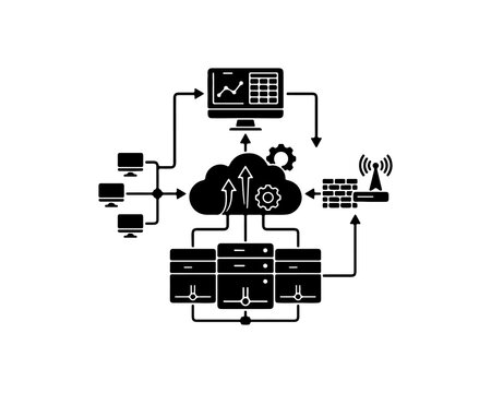 Cloud computing server network and data flow diagram icon