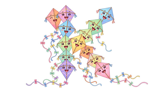 Colorful cartoon kites, a playful collection of smiling kite characters, vibrant spring and summer flying toys, cheerful children's illustration elements isolated PNG with Transparent Background