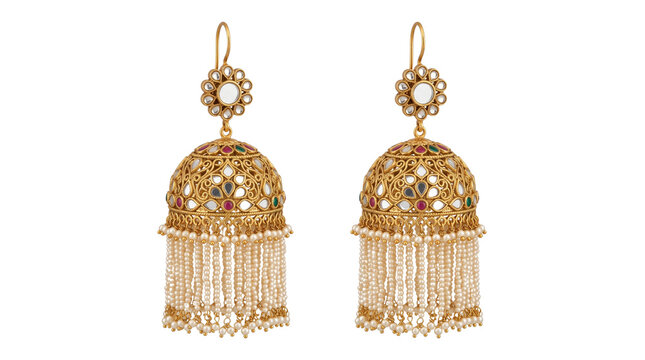 Exquisite gold jhumka earrings, traditional Indian jewelry, ornate bridal accessories, elegant ethnic fashion statement isolated PNG with Transparent Background