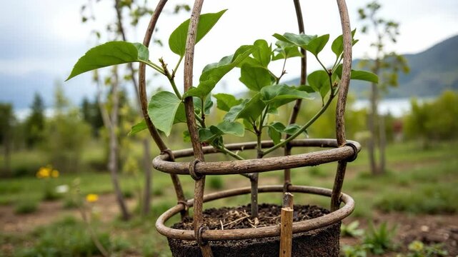 Vibrant green sapling in a biodegradable pot with a rustic trellis in nature.