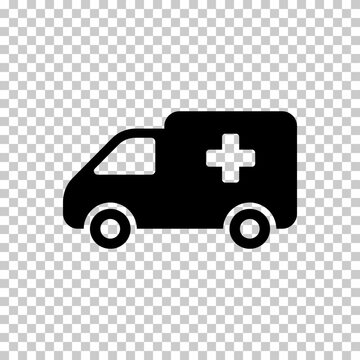 Ambulance icon in black silhouette format is isolated on a transparent grid background for medical emergency design concepts.