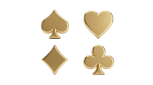 Golden playing card suits set including spades, hearts, diamonds, and clubs, 3d render casino gambling concept isolated on transparent background