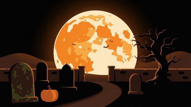 Spooky halloween graveyard scene with a giant full moon glowing behind tombstones and a carved jack o lantern
