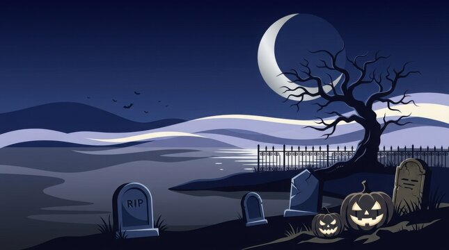 Spooky halloween graveyard scene with glowing jack o lanterns and a crescent moon in a dark night sky