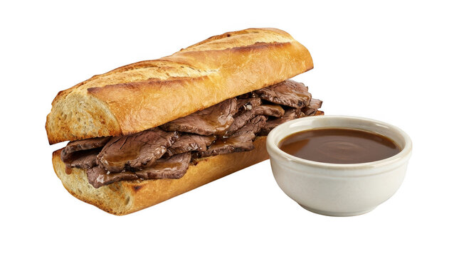 French dip sandwich with roast beef on a baguette served with a side of au jus dipping sauce isolated on transparent background