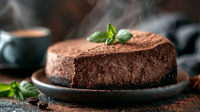 A rich dark chocolate cheesecake served with fresh mint leaves and coffee, chocolate