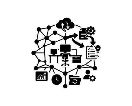 Business workflow network icon set with office elements