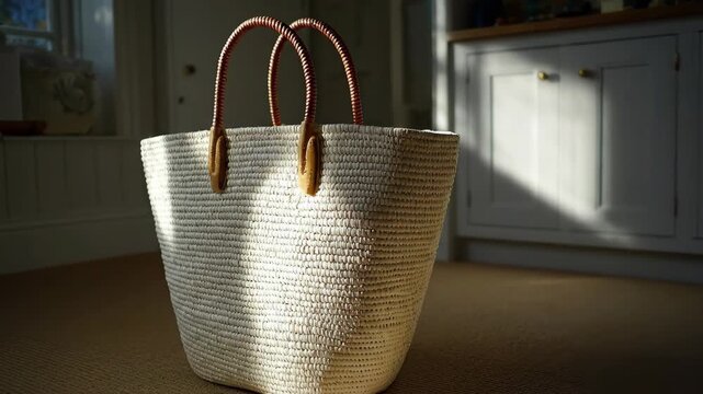 Stylish woven straw tote bag with leather handles bathed in warm sunlight indoors.