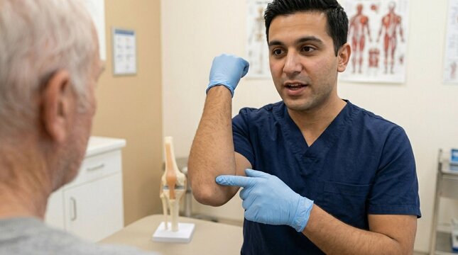 A male doctor wearing blue scrubs pointing to his own bent elbow to explain joint mechanics and elbow pain to an attentive elderly patient.