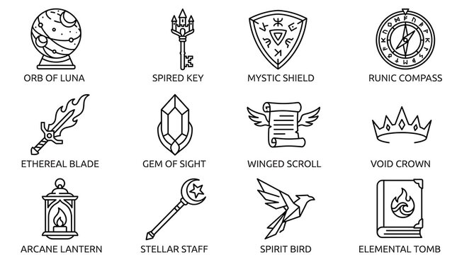 Fantasy Magic Item Icon Set Black Line Art