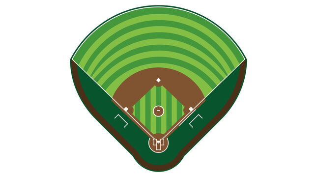 Overhead bird's eye view vector illustration of a professional baseball field layout featuring the infield diamond, pitcher's mound, striped green outfield grass, and foul lines.