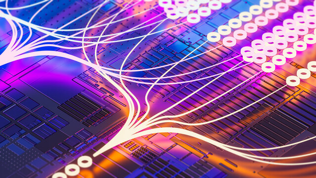 Lines of data travel through a circuit background