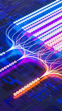Lines of data travel through a circuit background