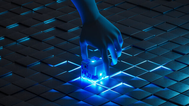 Hand places digital cube on grid with glowing network background