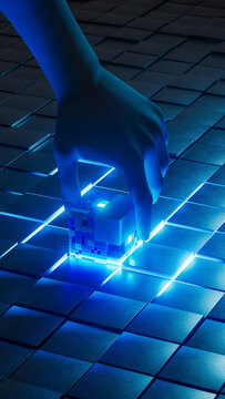 Hand places digital cube on grid with glowing network background